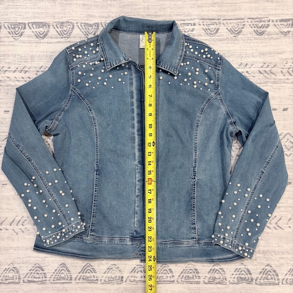Glam Vintage Pearl Chic Denim Jean Stretchy Jacket Feminine Western Y2K Large - Picture 11 of 15